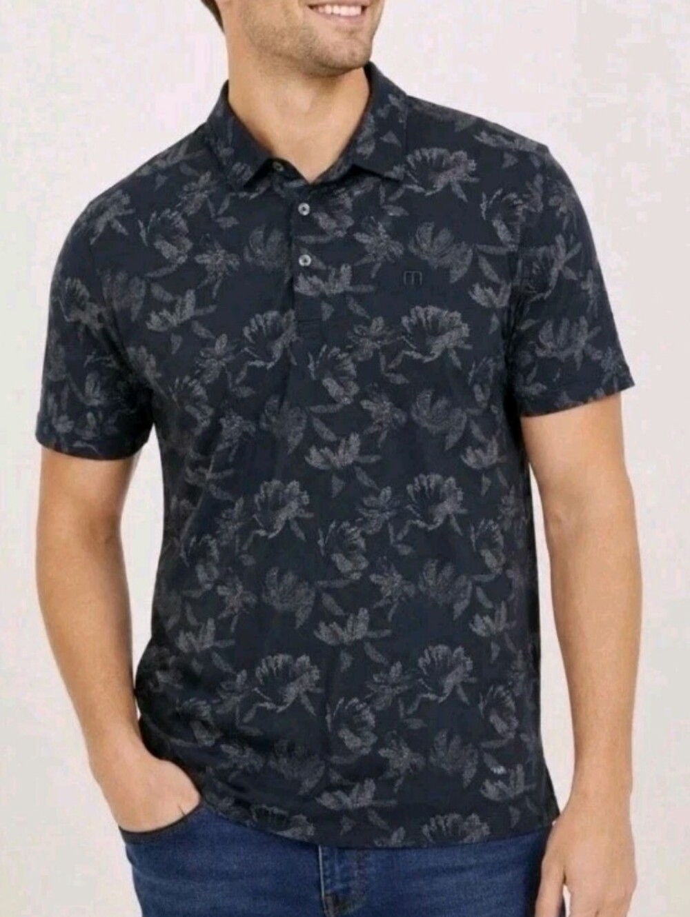 New Travis Mathew HOWLING Golf Polo Mens S Black Gray Tropical Floral The Rise